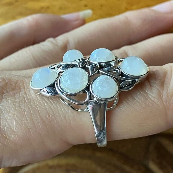 Natural Rainbow Moonstone Sterling Silver Cocktail Ring Size 8 - Picture 3 of 9
